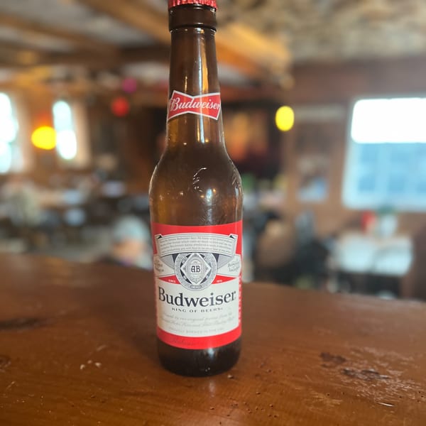 A Budweiser beer bottle stands on a wooden bar top at Riley's Place, with blurred lights in the background.
